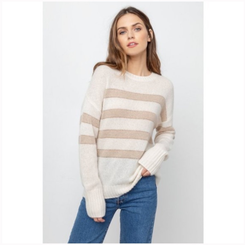 Rails Saturn Ivory Jute Stripe Sweater Cream Tan Cashmere silk  Sz M Crewneck